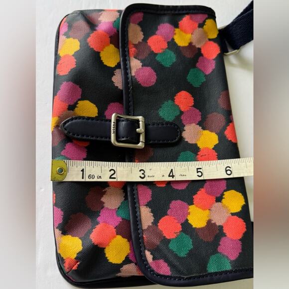 Fossil Keyper Mini Crossbody Navy Multicolored Polka Dot Coated Canvas Bag - Picture 6 of 12